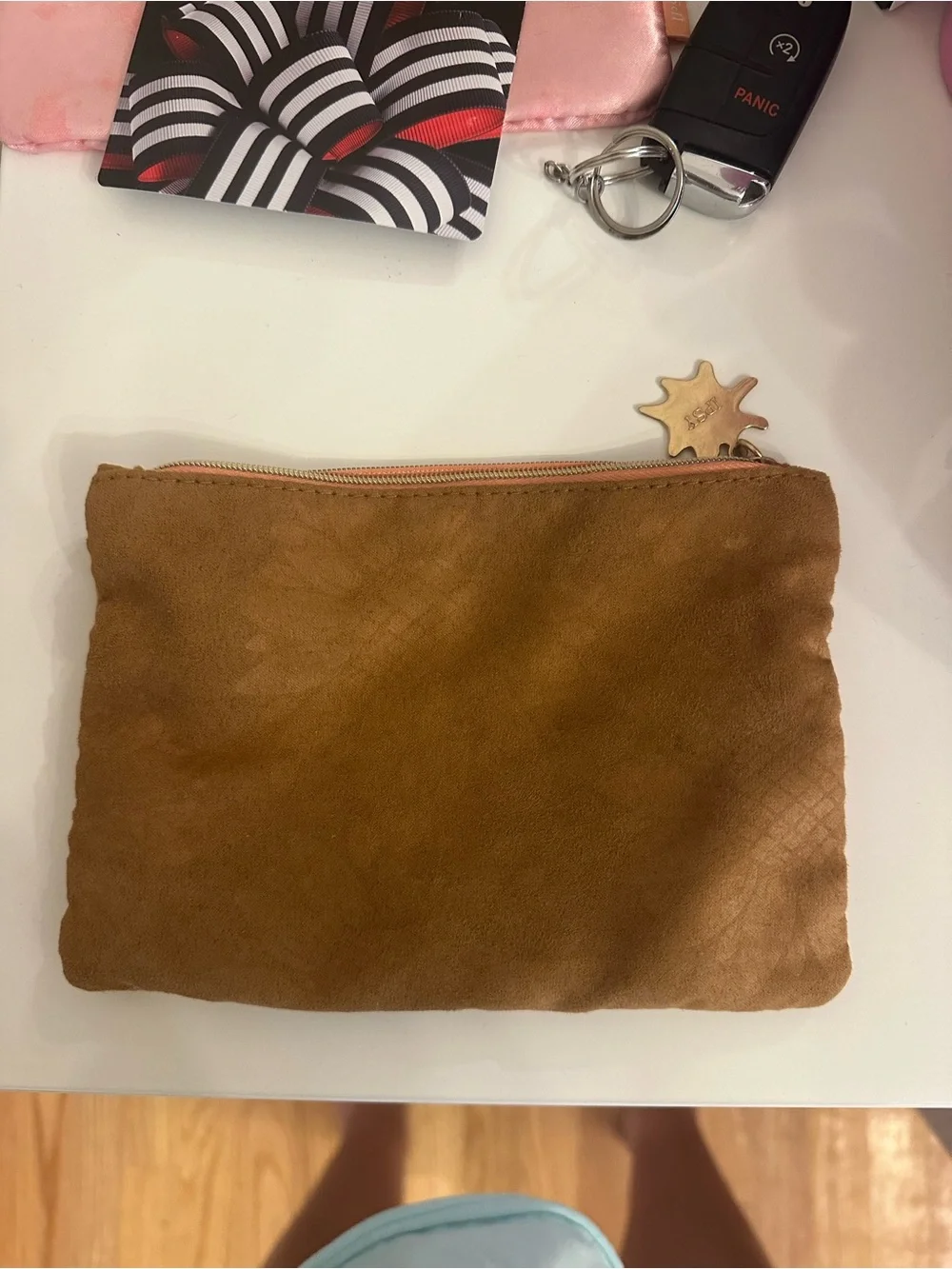 Suede Zip Pouch in Camel Brown